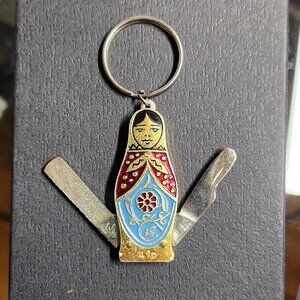 USSR Vintage Enamel Matryoshka Keychain: Miniature Manicure Travel Set Souvenir